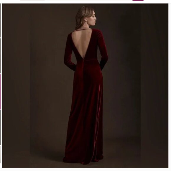 Jenny Yoo Ryland V-Neck Long-Sleeve Open-Back Stretch Velvet Gown - Picture 3 of 4